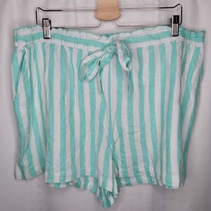Stoney Clover Linen Blend Paperbag Belted Shorts Womens 1X Green White Stripe‎